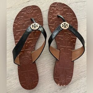 Tory Burch Thora Logo Black Genuine Leather Flats Flip Flops Sandals Womens 8 M
